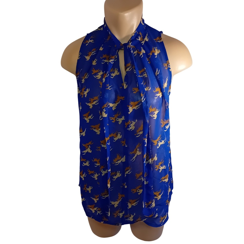 2010s E-Lady Sheer Oversized Chiffon‎ Horse Twee Sleeveless Blouse Tie Neck XS